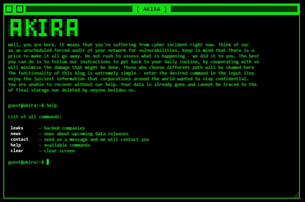 Akira Tor leak site has a retro 1980s aesthetic, providing a visually striking contrast to the high-stakes digital landscape it dominates.