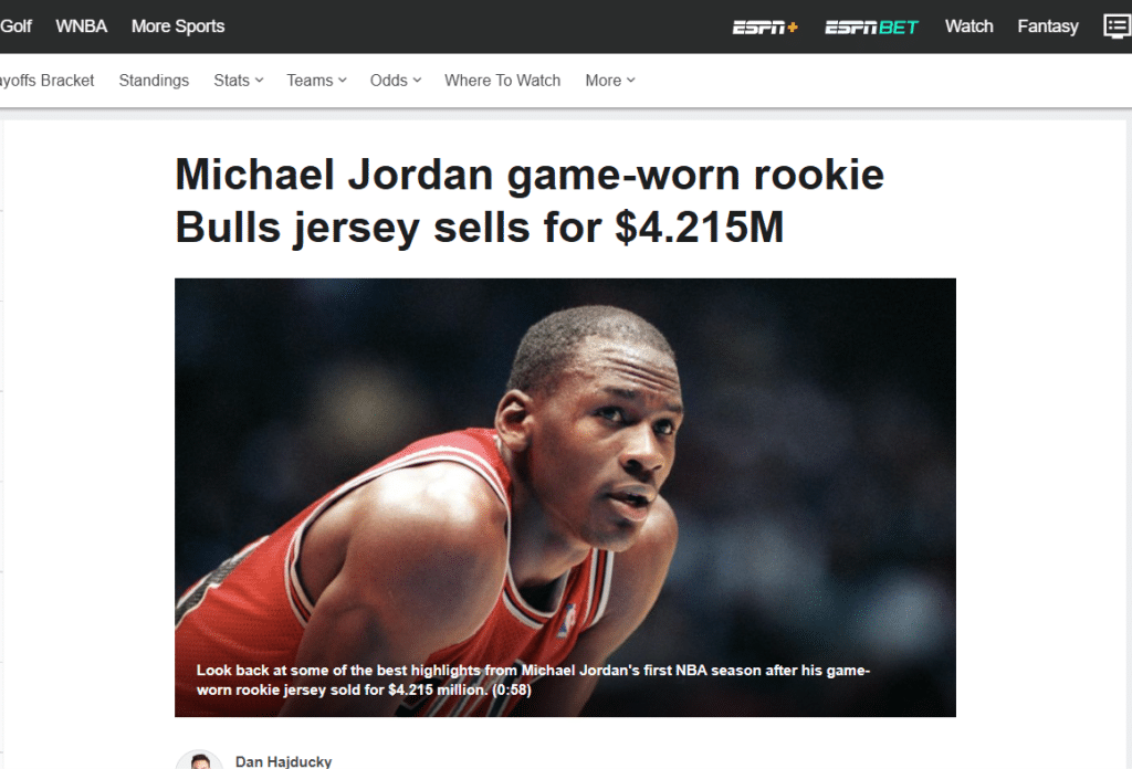screenshot of ESPN Headline: Michael Jordan game-worn rookie Bulls jersey sells for $4.215M
